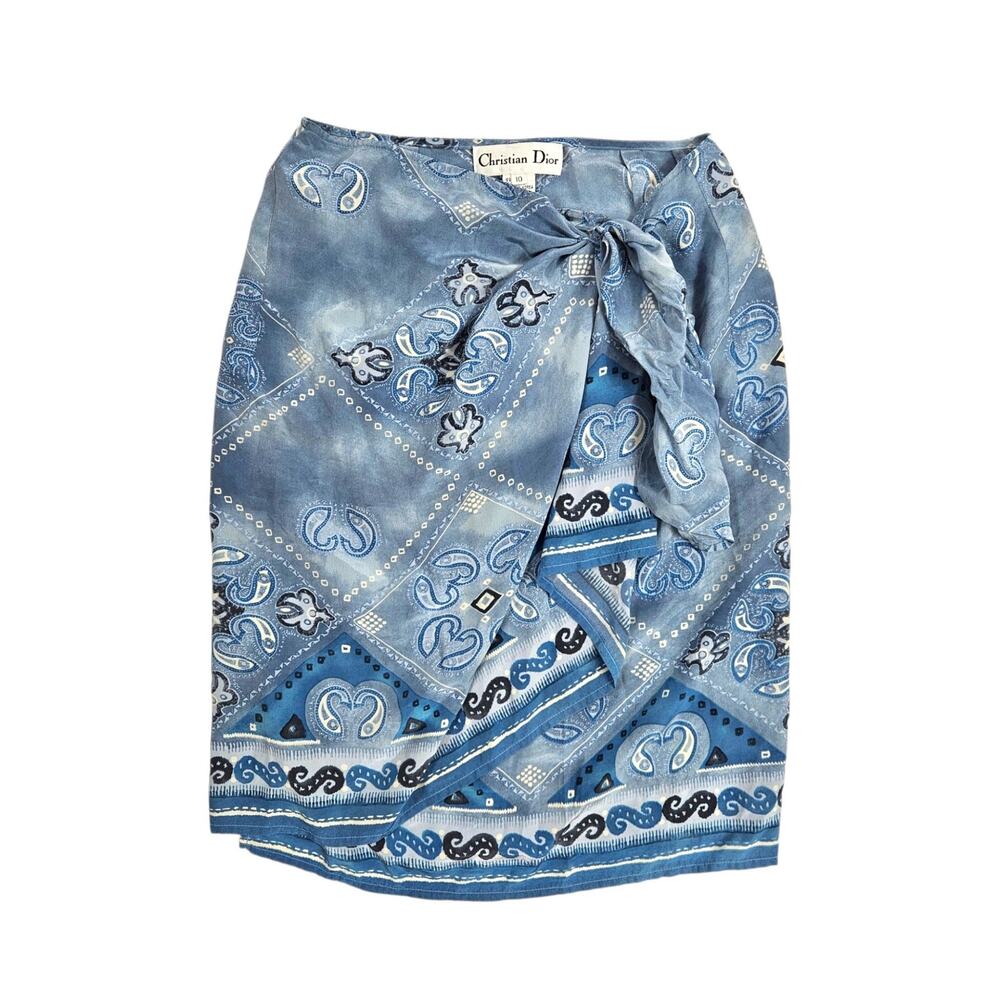 Vintage Christian Dior Silk Skirt Blue Paisley - Size Small